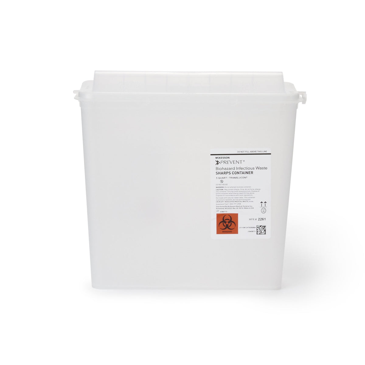 McKesson Prevent Sharps Container, 1-1/4 Gallon, 10-3/4 x 10-1/2 x 4-3/4 Inch-Sharps Container McKesson Prevent Translucent Base 10-3/4 H X 10-1/2 W X 4-3/4 D Inch Horizontal Entry 1.25 Gallon