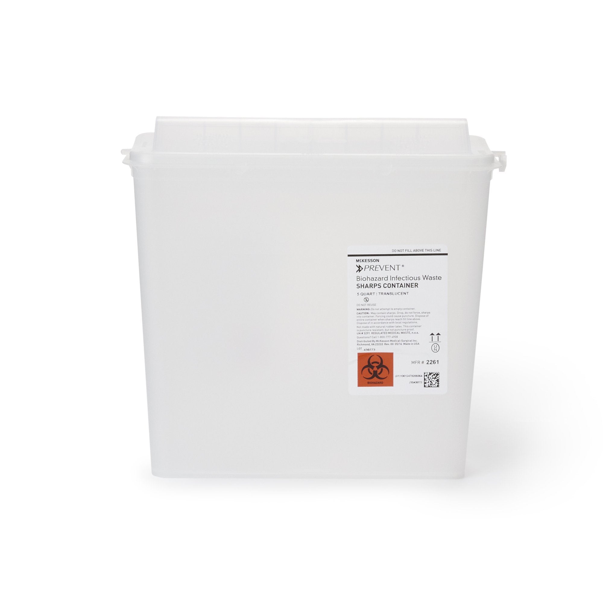 McKesson Prevent Sharps Container, 1-1/4 Gallon, 10-3/4 x 10-1/2 x 4-3/4 Inch-Sharps Container McKesson Prevent Translucent Base 10-3/4 H X 10-1/2 W X 4-3/4 D Inch Horizontal Entry 1.25 Gallon