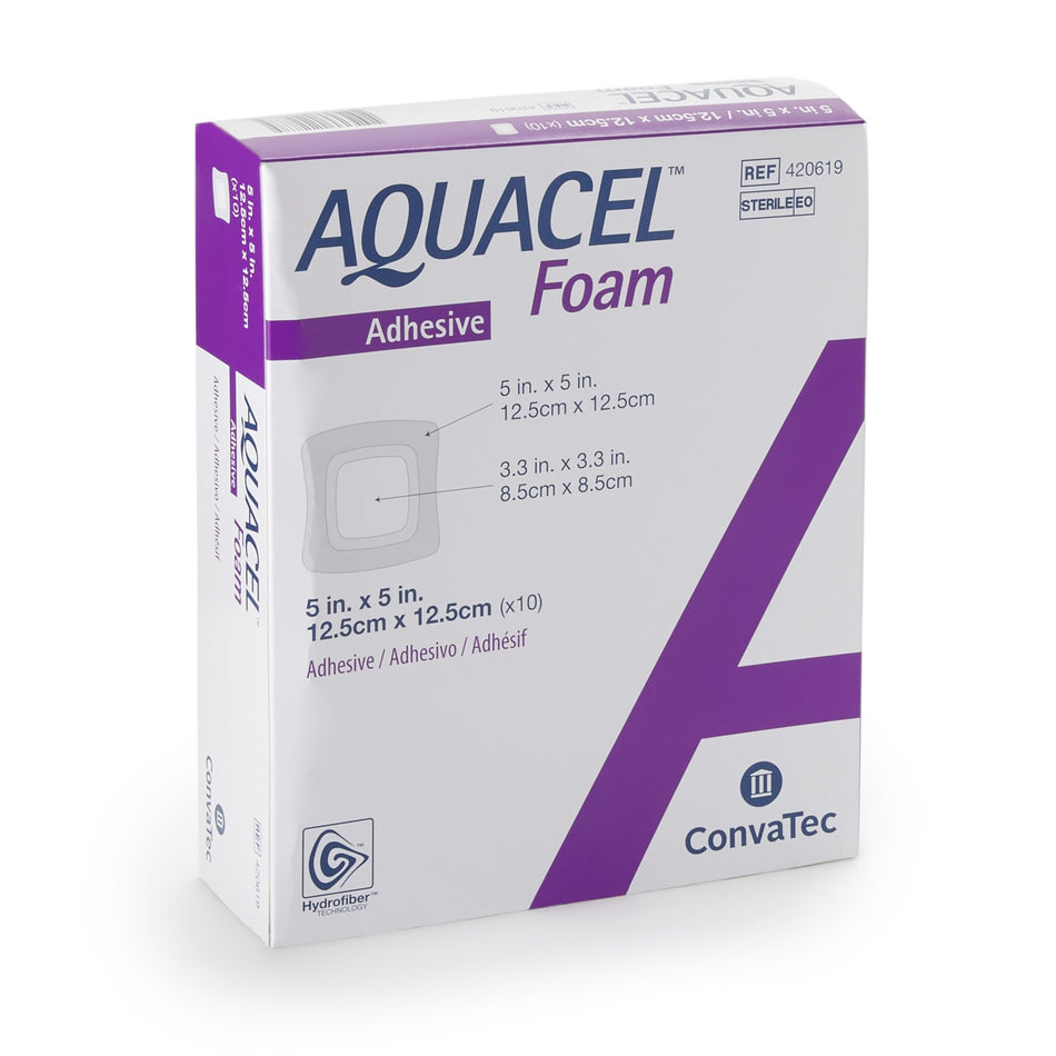 Aquacel� Silicone Adhesive with Border Silicone Foam Dressing, 5 x 5 Inch-Foam Dressing Aquacel� 5 X 5 Inch With Border Waterproof Film Backing Silicone Adhesive Square Sterile