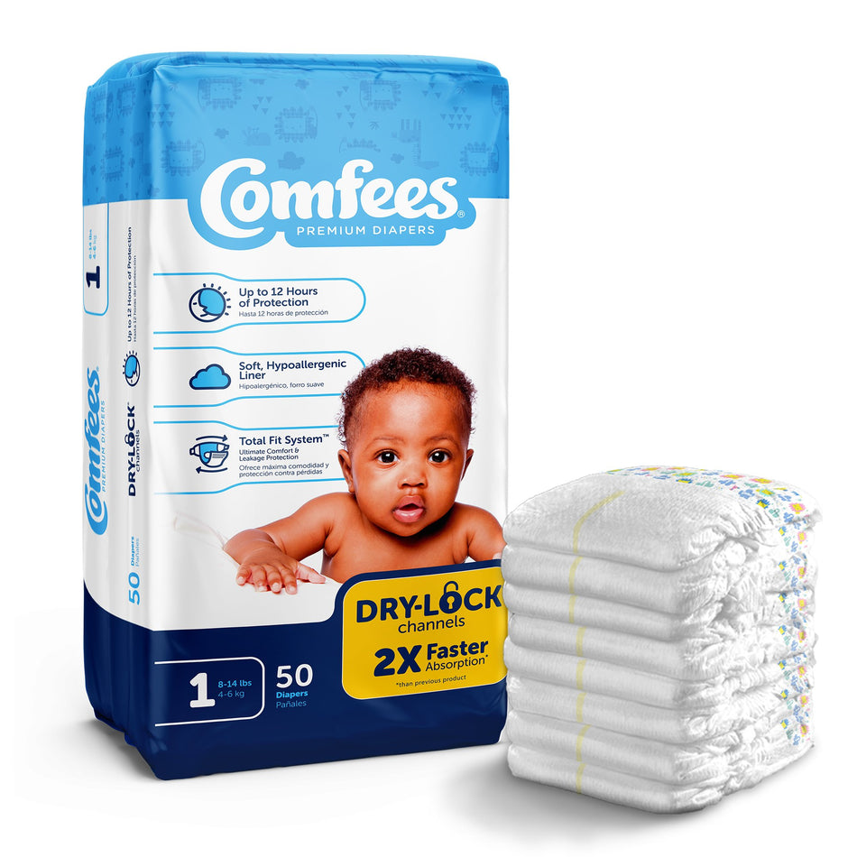 Attends Comfees Premium Diapers, Unisex, Tab Closure, Size 1-Unisex Baby Diaper Comfees Size 1 Disposable Moderate Absorbency
