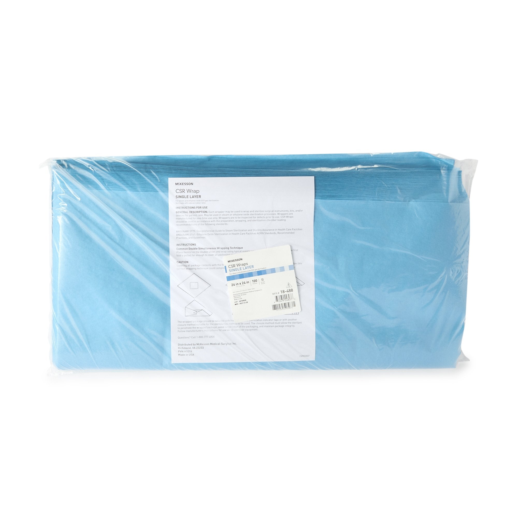 McKesson Single Layer Sterilization Wrap, 24 x 24 Inch-McKesson Sterilization Wrap Blue 24 X 24 Inch Single Layer Cellulose Steam / EO Gas