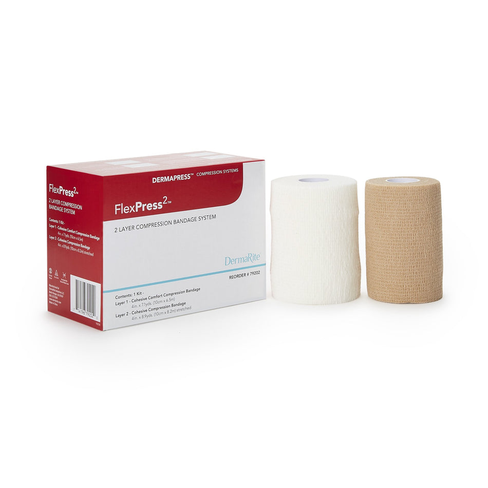 FlexPress2� 2-Layer Compression Bandage System-2 Layer Compression Bandage System FlexPress2� 4 Inch X 7-1/10 Yard / 4 Inch X 8-9/10 Yard Self-Adherent Closure Tan / White NonSterile Standard Compression
