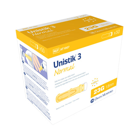 Unistik 3 Normal Safety Lancet, 23 Gauge, 50 ct.-Safety Lancet Unistik 3 23 Gauge Retractable Push Button Activation Finger