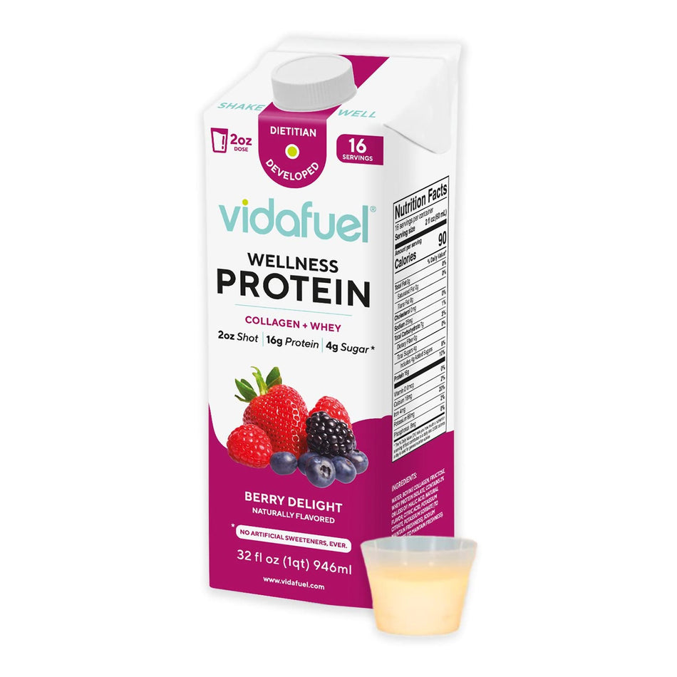 Vidafuel Wellness Protein Drink with Collagen and Whey, Berry Delight Flavor-Oral Supplement Vida Fuel Wellness Protein Berry Delight Flavor Liquid 32 oz. Reclosable Carton