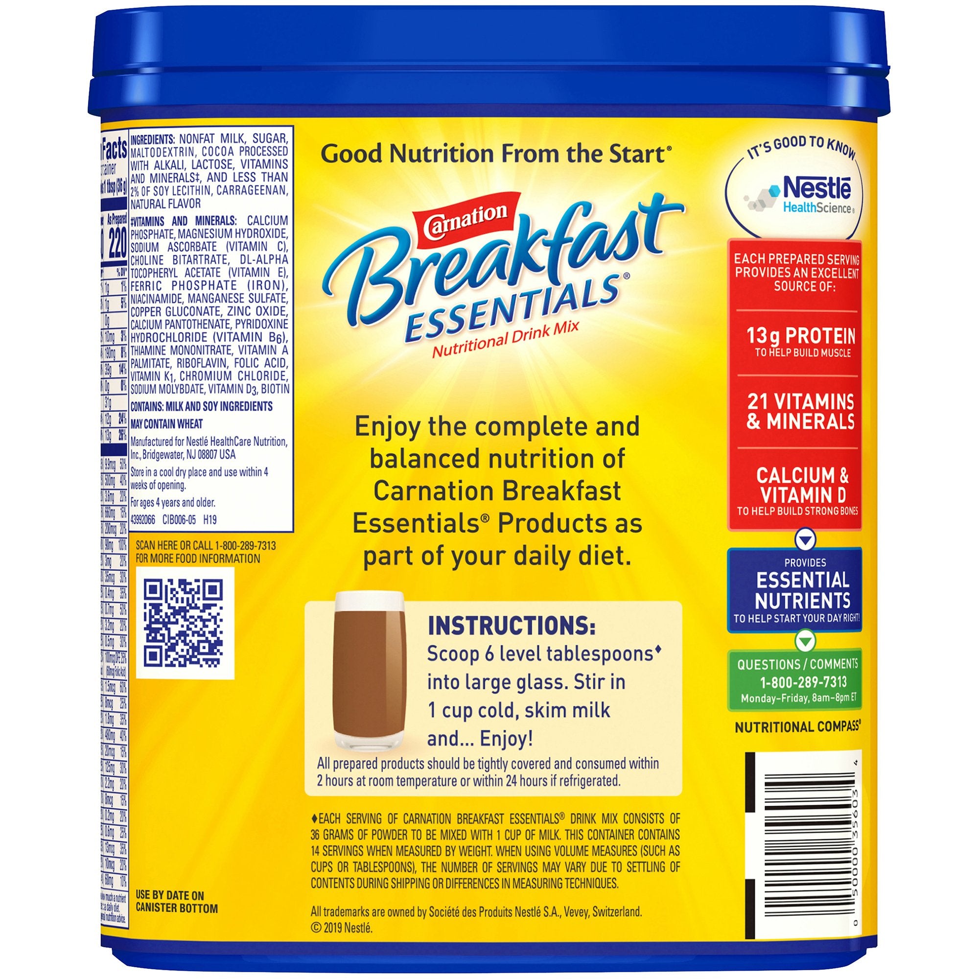 Carnation Breakfast Essentials Rich Milk Chocolate Nutritional Drink, 17.7 oz. Canister-Oral Supplement Carnation Breakfast Essentials Rich Milk Chocolate Flavor Powder 17.7 oz. Canister
