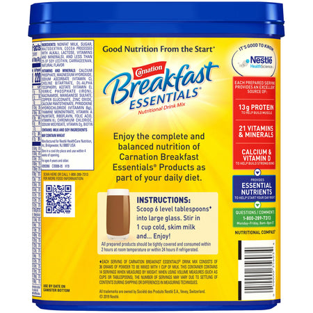 Carnation Breakfast Essentials Rich Milk Chocolate Nutritional Drink, 17.7 oz. Canister-Oral Supplement Carnation Breakfast Essentials Rich Milk Chocolate Flavor Powder 17.7 oz. Canister