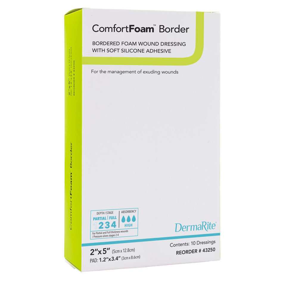 ComfortFoam� Border Silicone Adhesive with Border Silicone Foam Dressing, 2 x 5 Inch-Foam Dressing ComfortFoam� Border 2 X 5 Inch With Border Waterproof Backing Silicone Adhesive Rectangle Sterile