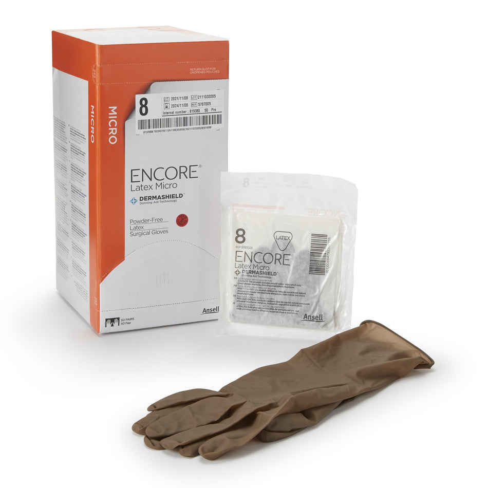 Encore� Latex Micro Surgical Glove, Size 8, Brown-Surgical Glove ENCORE� Latex Micro Size 8 Sterile Latex Standard Cuff Length Micro-Textured Brown Chemo Tested