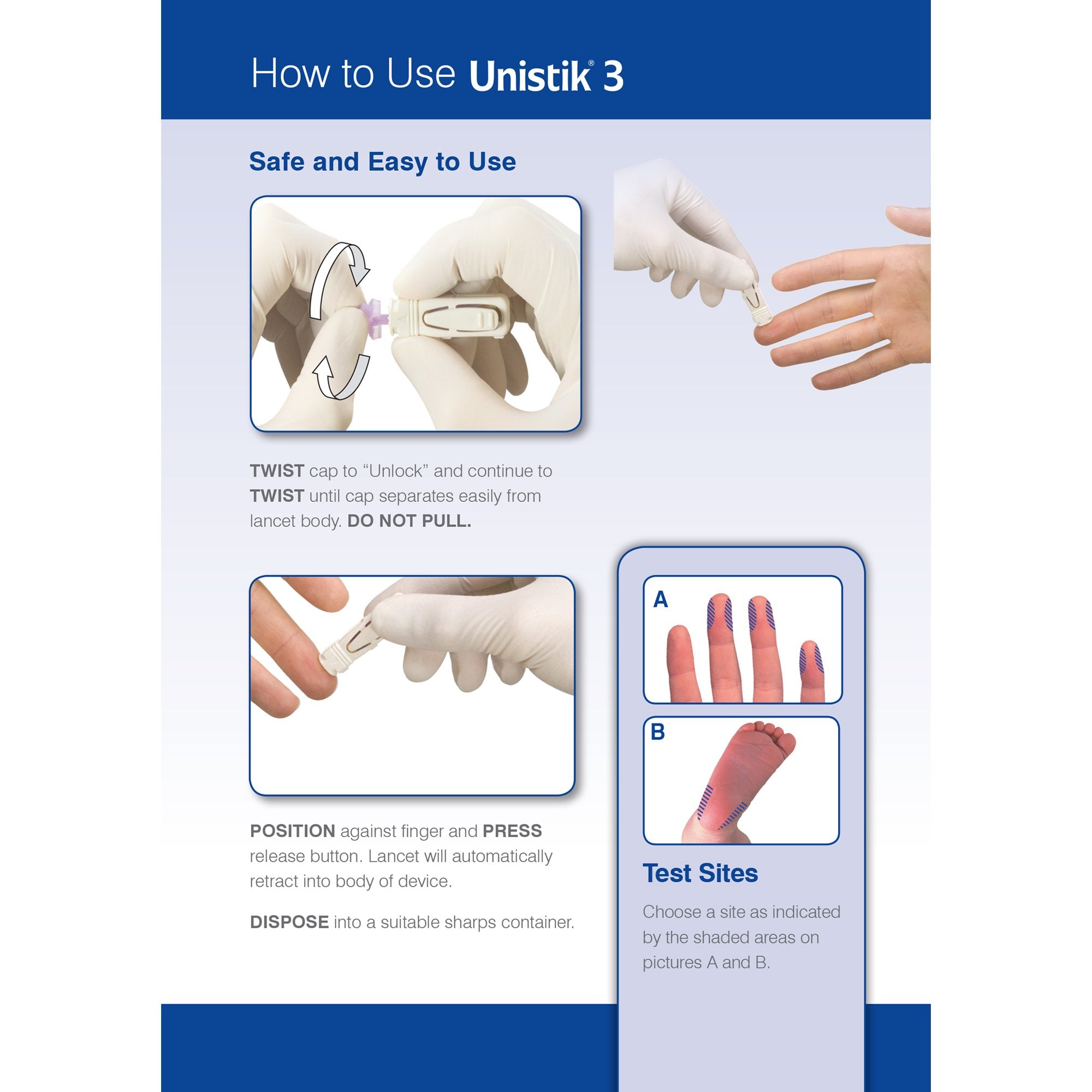 Unistik 3 Comfort Safety Lancet-Safety Lancet Unistik 3 28 Gauge Retractable Push Button Activation Finger