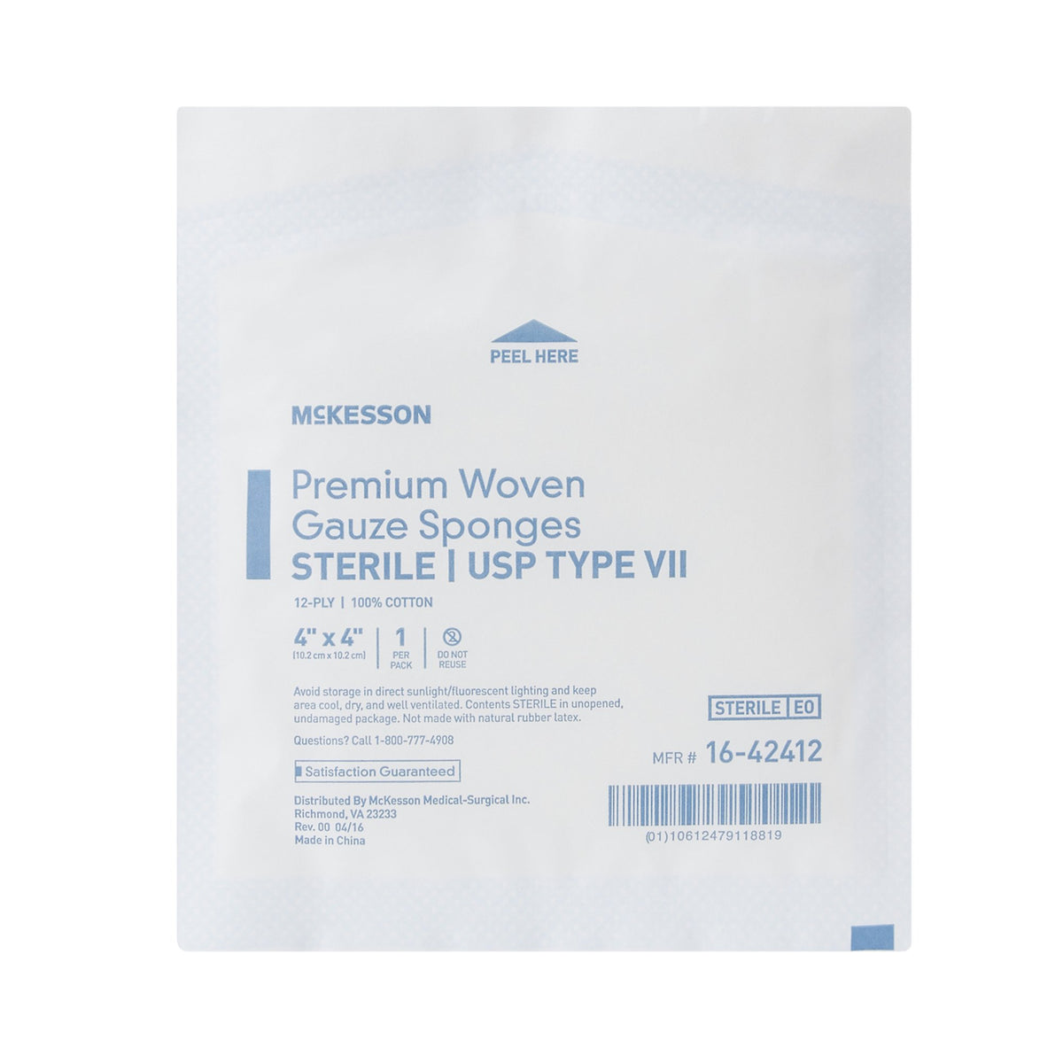 McKesson Sterile USP Type VII Gauze Sponge, 4 x 4 Inch, 12-Ply-Gauze Sponge McKesson 4 X 4 Inch 12-Ply Sterile 1 per Pack