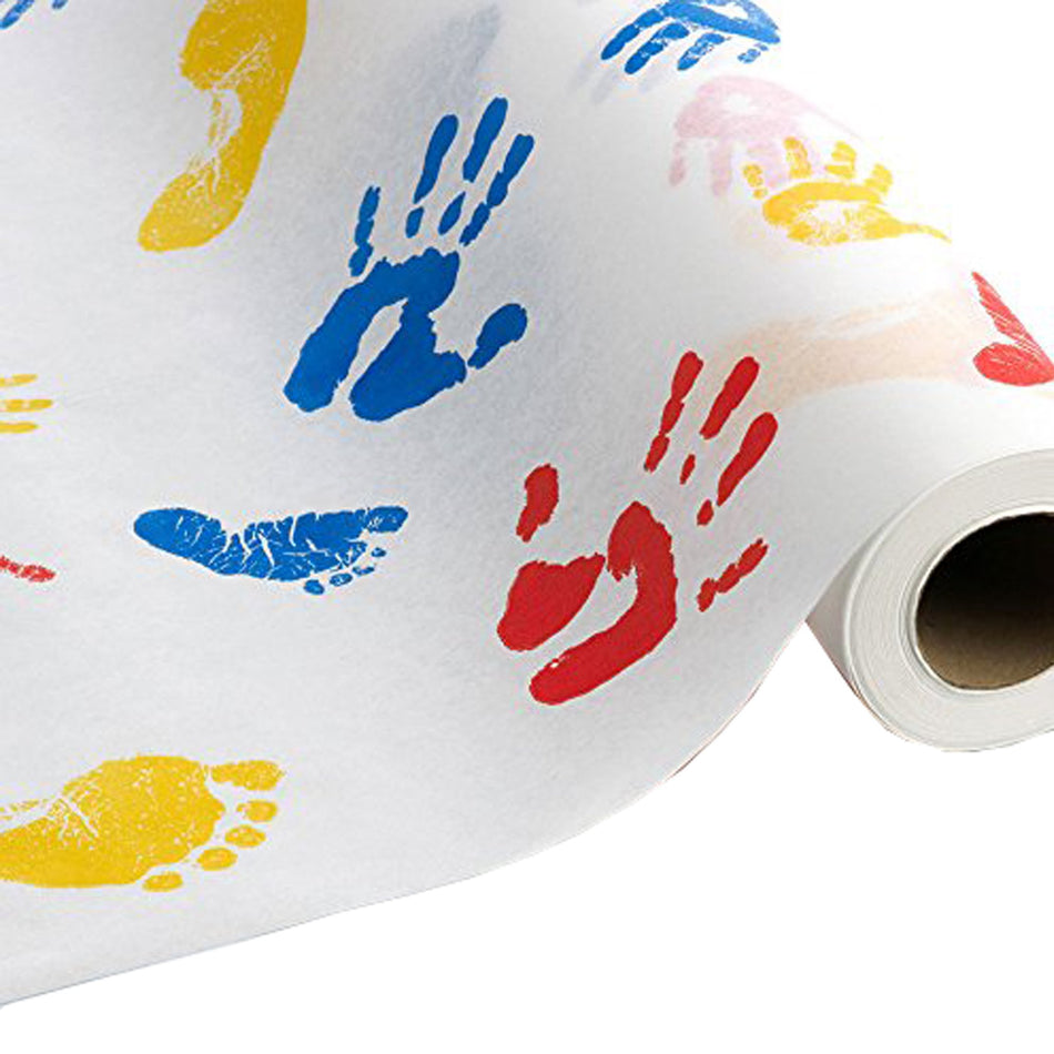 Tiny Tracks� Crepe Table Paper, 21 Inch x 125 Foot, White with Multicolor Print-Table Paper Tiny Tracks� 21 Inch Width 125 Foot Length Print (Hands) Crepe