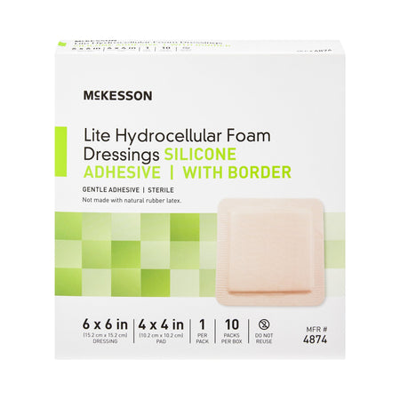 McKesson Lite Silicone Gel Adhesive with Border Thin Silicone Foam Dressing, 6 x 6 Inch-Thin Foam Dressing McKesson Lite 6 X 6 Inch With Border Film Backing Silicone Gel Adhesive Square Sterile