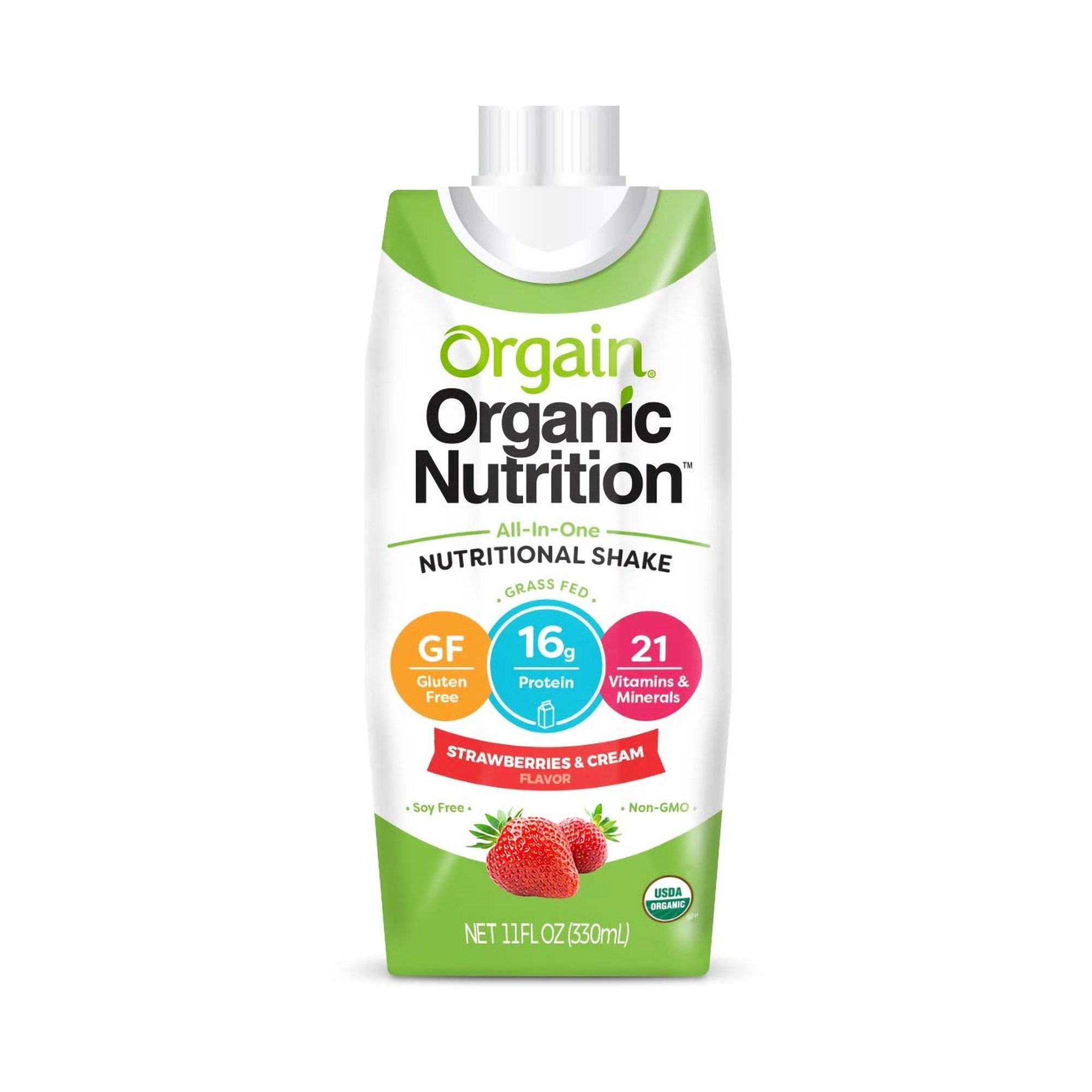 Orgain Organic Nutrition Strawberry Nutritional Shake, 11-ounce carton-Oral Supplement Orgain Organic Nutritional Shake Strawberries and Cream Flavor Liquid 11 oz. Carton