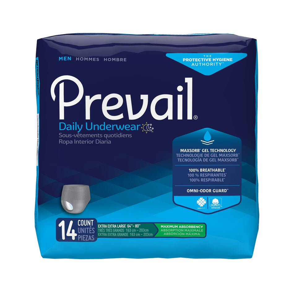 Prevail Daily Underwear Maximum Absorbent Underwear, Extra Extra Large-Male Adult Absorbent Underwear Prevail Daily Underwear Pull On with Tear Away Seams 2X-Large Disposable Heavy Absorbency