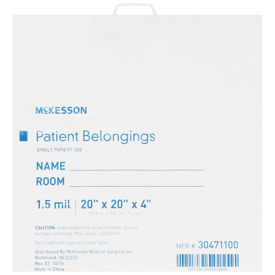 McKesson Patient Belongings Bag With Snap Closure-Patient Belongings Bag McKesson 4 X 20 X 20 Inch Polyethylene Snap Closure White