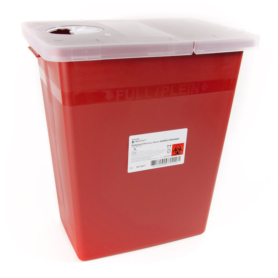 McKesson Prevent Sharps Container, 8 Gallon, 13-3/4 x 13-3/4 x 14 Inch-Sharps Container McKesson Prevent Red Base 13-3/4 W X 13-3/4 D X 14 H Inch Horizontal / Vertical Entry 8 Gallon