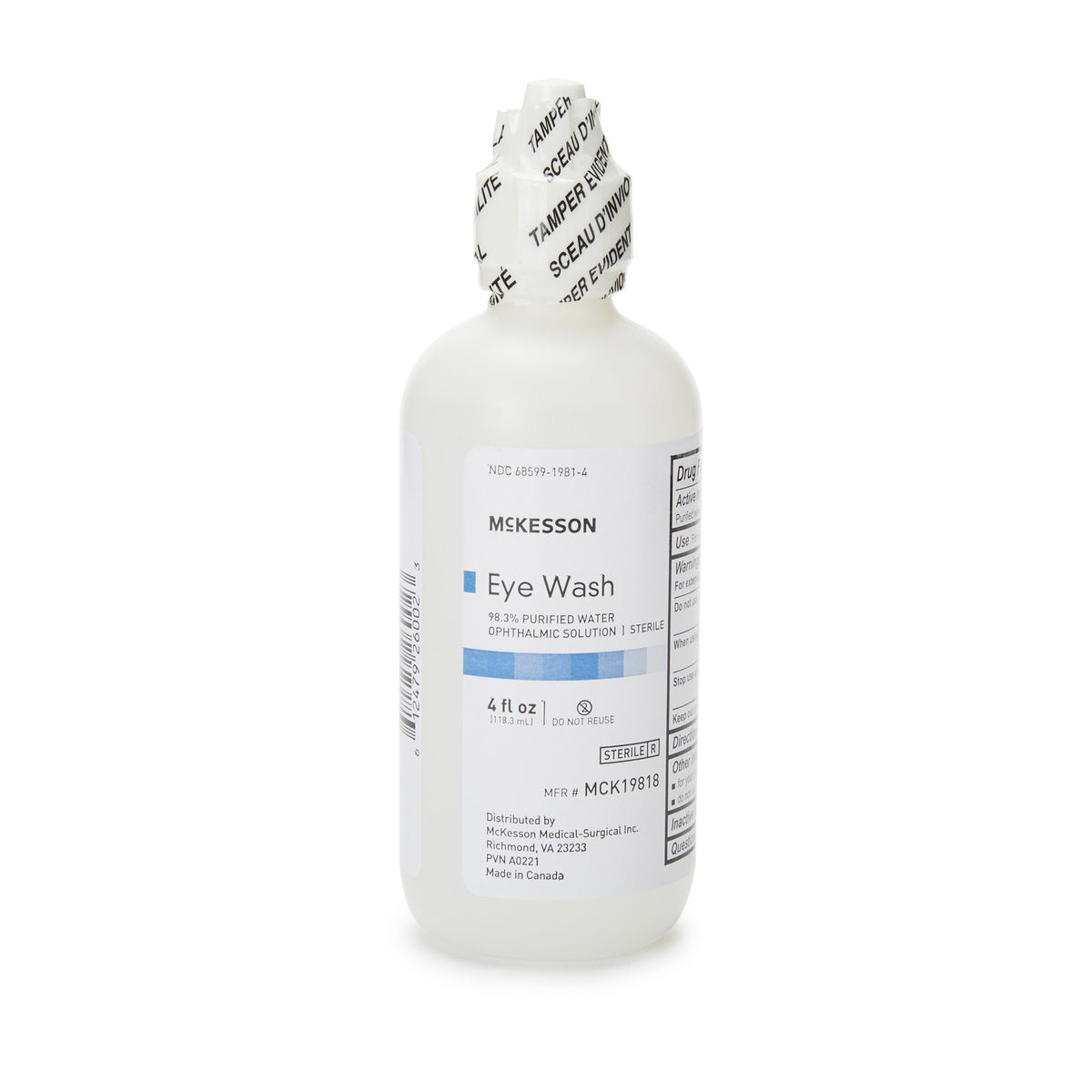 McKesson Eye Wash Solution, 4-ounce Squeeze Bottle-"Eye Wash Solution McKesson Active ingredient: 98.3% Purified Water Inactive ingredients: boric acid, sodium borate, sodium chloride 4 oz. Squeeze Bottle"