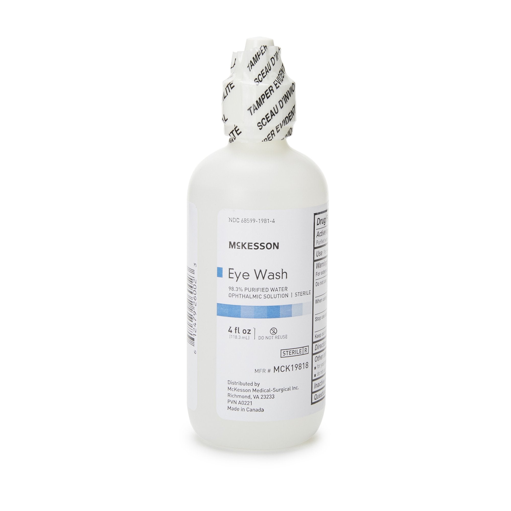 McKesson Eye Wash Solution, 4-ounce Squeeze Bottle-"Eye Wash Solution McKesson Active ingredient: 98.3% Purified Water Inactive ingredients: boric acid, sodium borate, sodium chloride 4 oz. Squeeze Bottle"