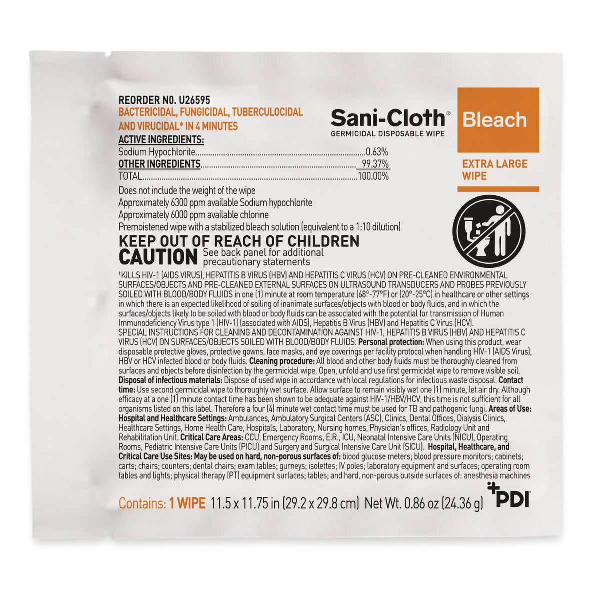 Sani-Cloth® Surface Disinfectant Cleaner Bleach Wipe, 11.5 x 11.75 Inch - Housekeeping>Cleaners and Disinfectants - Profes...