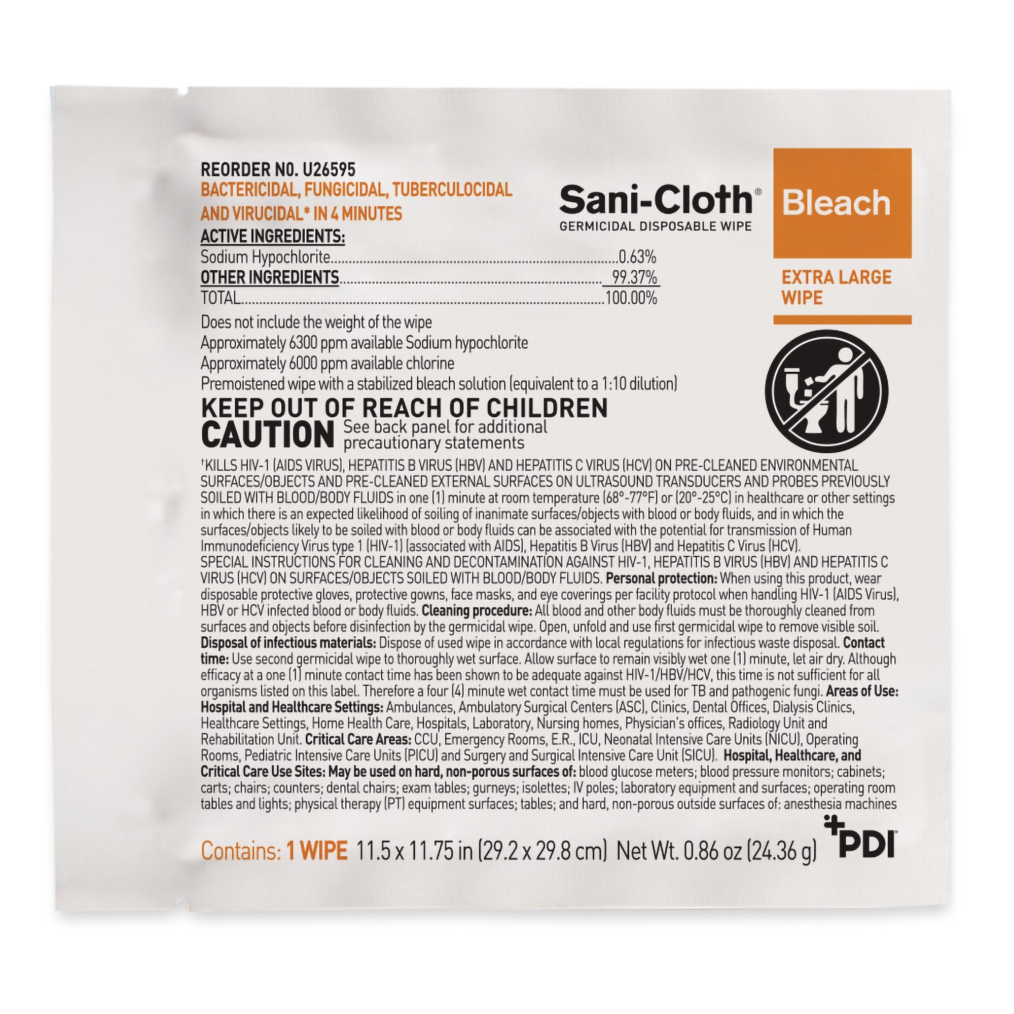 Sani-Cloth® Surface Disinfectant Cleaner Bleach Wipe, 11.5 x 11.75 Inch - Housekeeping>Cleaners and Disinfectants - Profes...