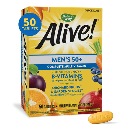 Nature's Way Alive! Men's 50+ Multi-Vitamin Multi-Mineral Tablets-Multivitamin Supplement Alive! Mens 50+ Vitamin A / Vitamin C 900 mcg / 180 mg Strength Tablet 50 per Box