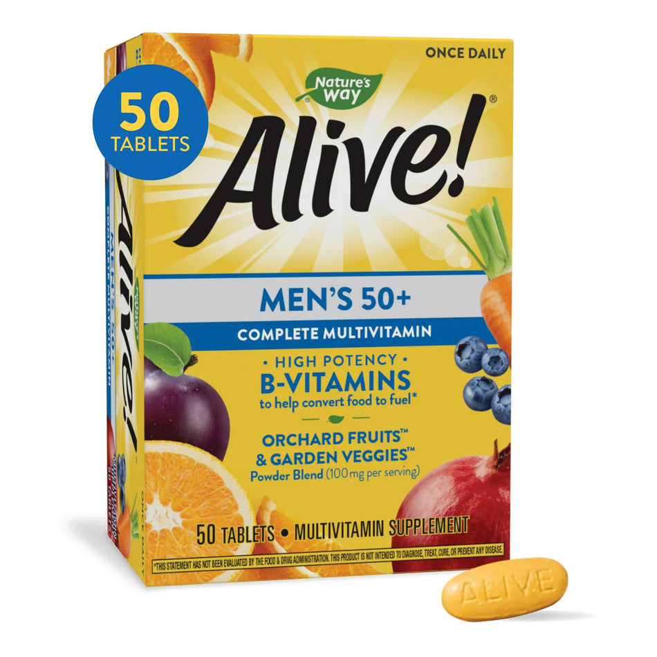 Nature's Way Alive! Men's 50+ Multi-Vitamin Multi-Mineral Tablets-Multivitamin Supplement Alive! Mens 50+ Vitamin A / Vitamin C 900 mcg / 180 mg Strength Tablet 50 per Box