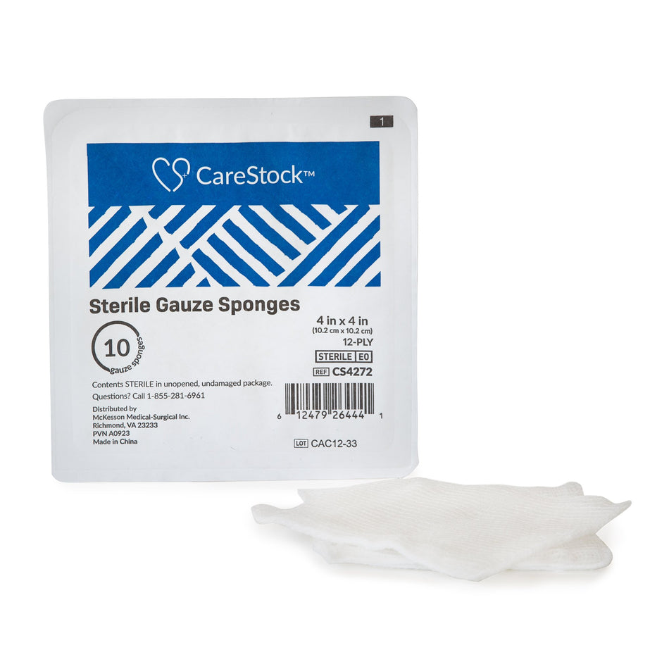 CareStock Gauze Sponge, 4 x 4 in. 12-Ply - Medical-Grade Cotton Wound Dressing - Sterile-Gauze Sponge CareStock� 4 X 4 Inch 12-Ply Sterile 10 per Tray