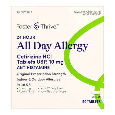 Foster & Thrive 24 Hour All Day Allergy Cetirizine HCl USP 10 mg Tablets-Allergy Relief Foster & Thrive 10 mg Strength Tablet 90 per Box