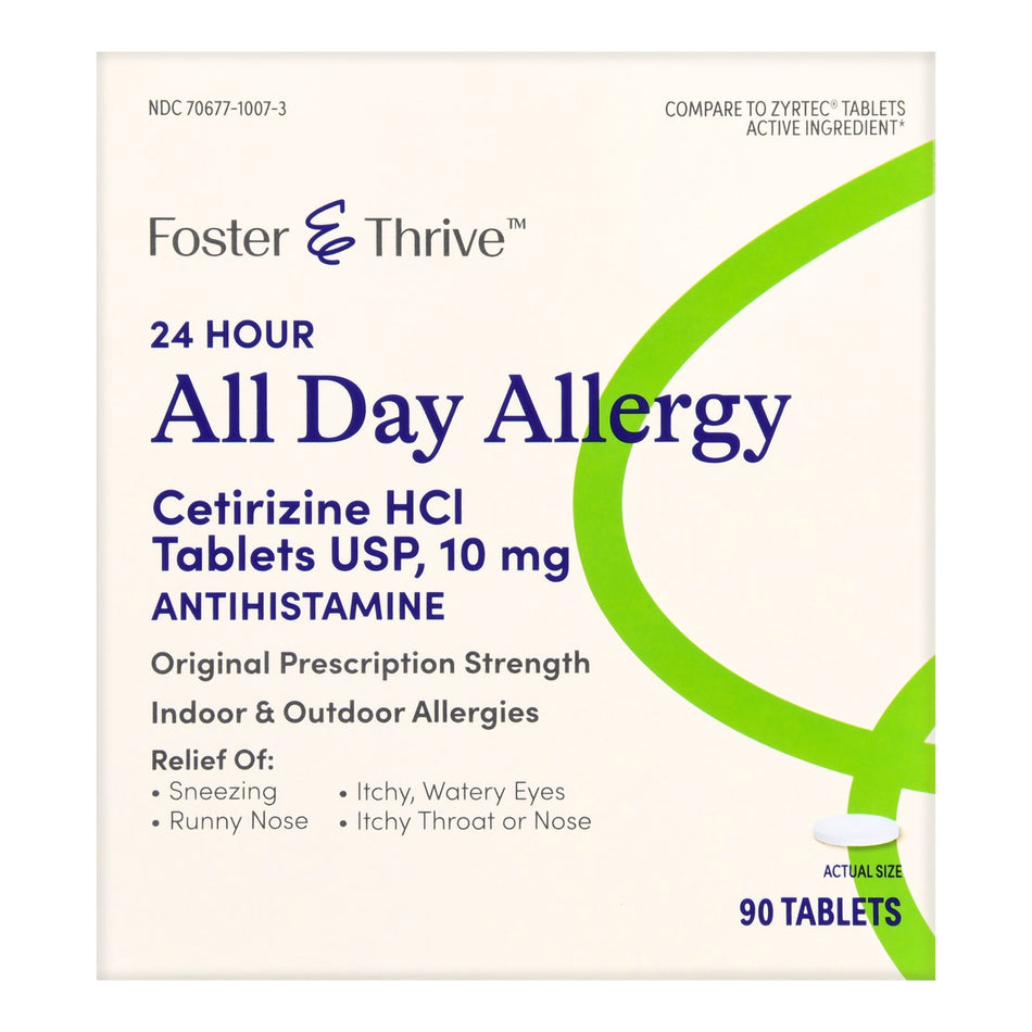 Foster & Thrive 24 Hour All Day Allergy Cetirizine HCl USP 10 mg Tablets-Allergy Relief Foster & Thrive 10 mg Strength Tablet 90 per Box
