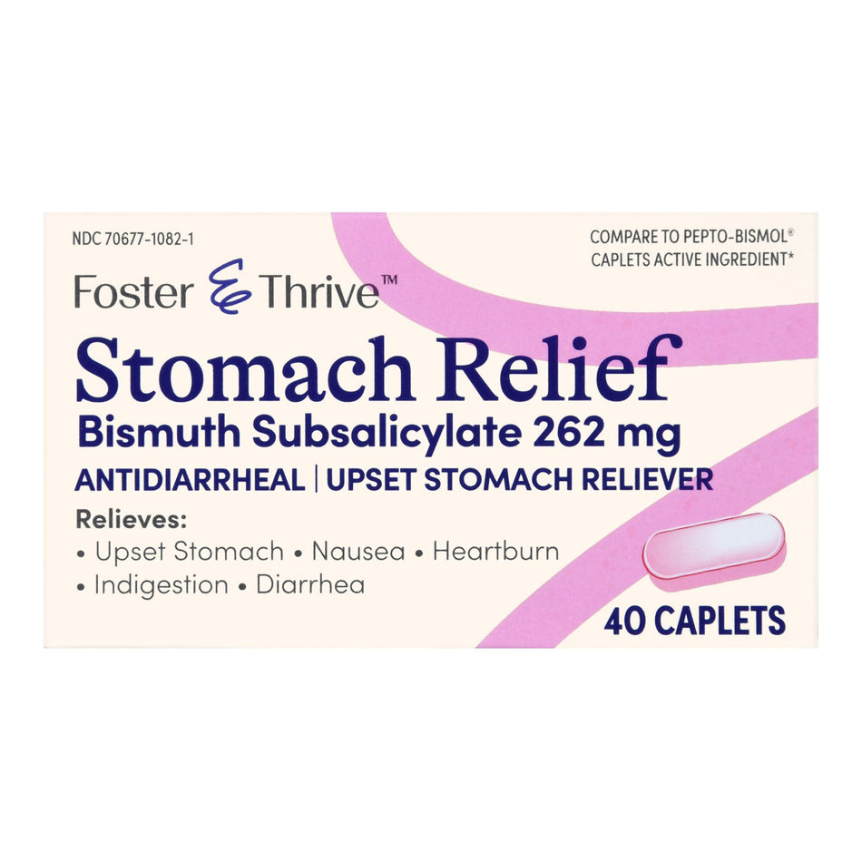 Foster & Thrive Stomach Relief Bismuth Subsalicylate 262 mg Caplets-Anti-Diarrheal Foster & Thrive 262 mg Strength Caplet 40 per Bottle