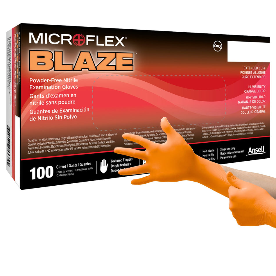 Microflex Blaze Nitrile Exam Glove, Extra Large, Orange-Exam Glove MICROFLEX Blaze X-Large NonSterile Nitrile Standard Cuff Length Textured Fingertips Orange Not Rated