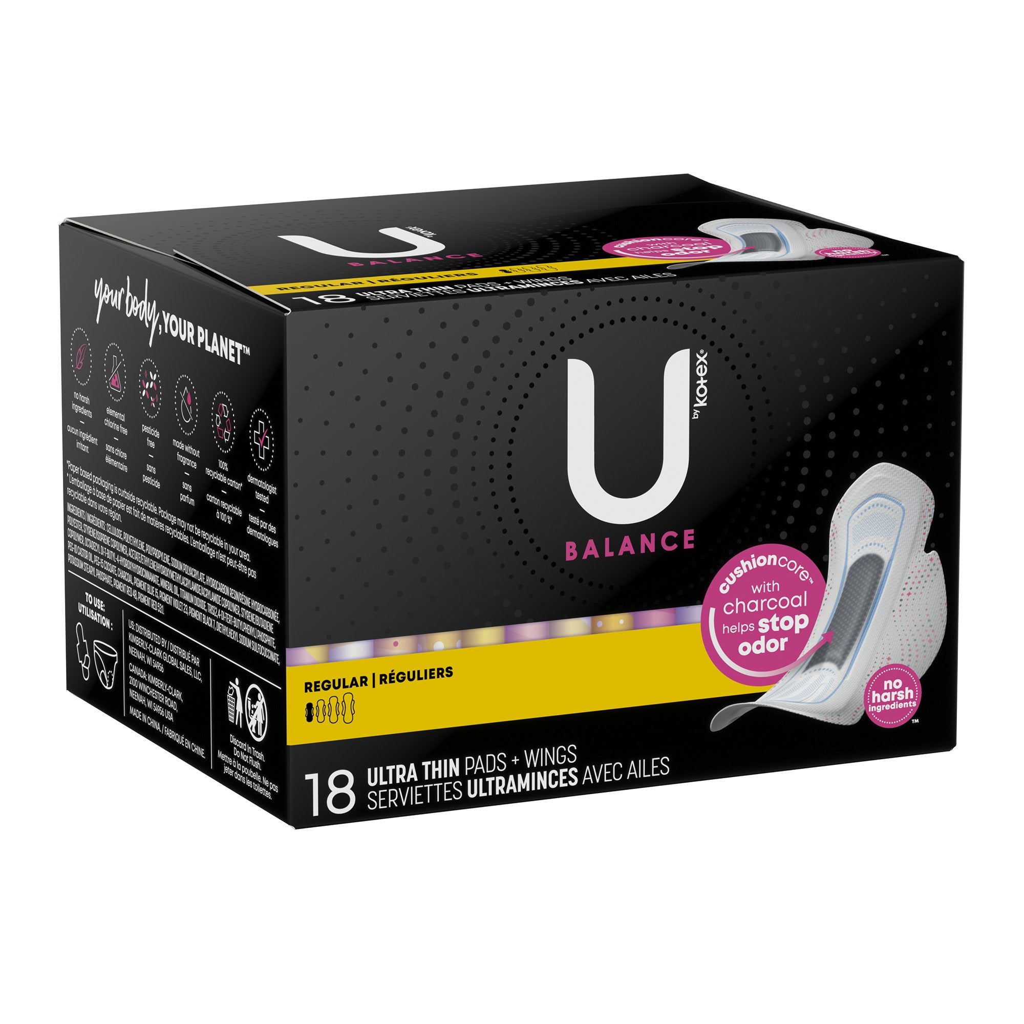 U by Kotex Balance Ultra Thin Charcoal Pads with Wings, Regular-Feminine Pad U by Kotex Balance Ultra Thin with Wings Regular Absorbency