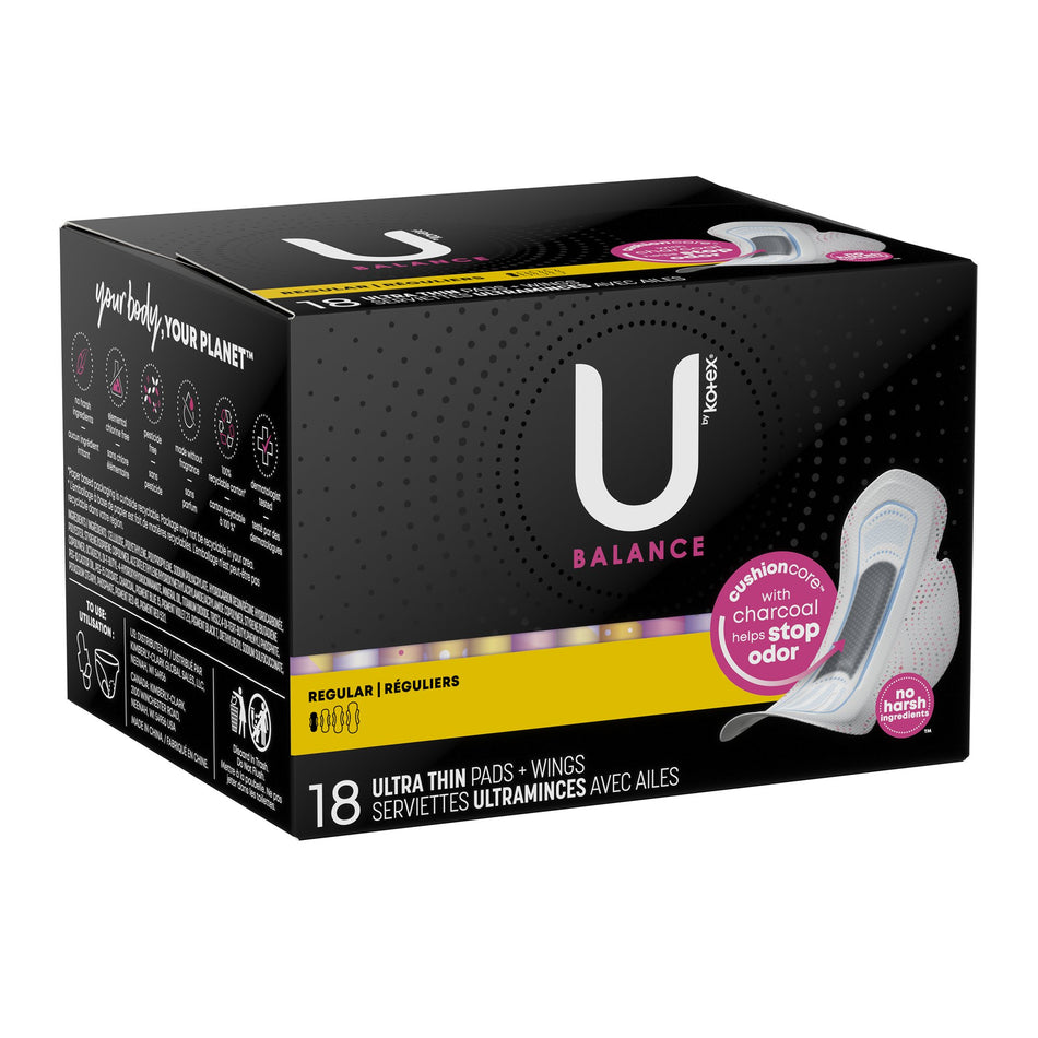 U by Kotex Balance Ultra Thin Charcoal Pads with Wings, Regular-Feminine Pad U by Kotex Balance Ultra Thin with Wings Regular Absorbency