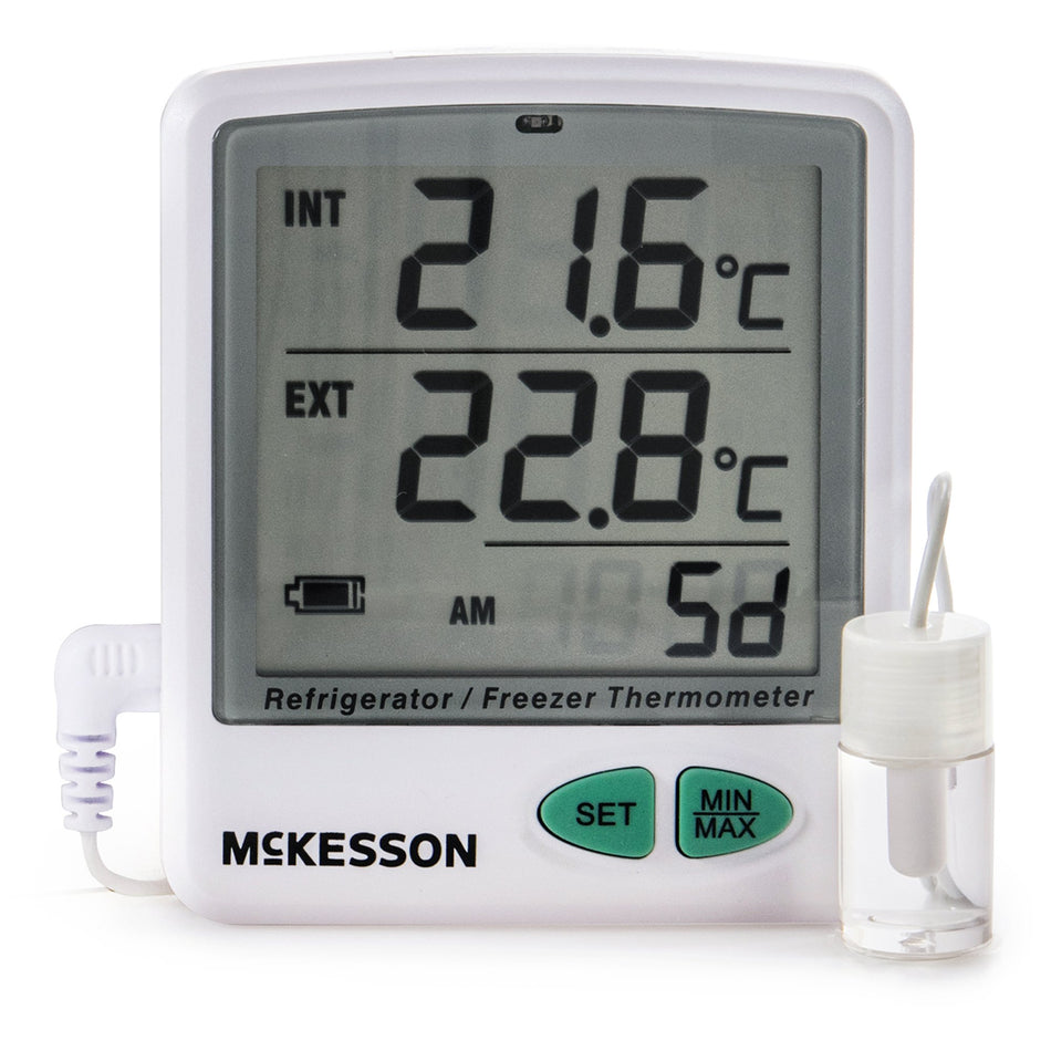 McKesson Datalogging Refrigerator / Freezer Thermometer, Digital Display, -58 to +158F (-50 to +70C)-Datalogging Refrigerator / Freezer Thermometer with Alarm McKesson Fahrenheit / Celsius -50 to +158F (-50 to +70C) Flip-out Stand Battery Operated