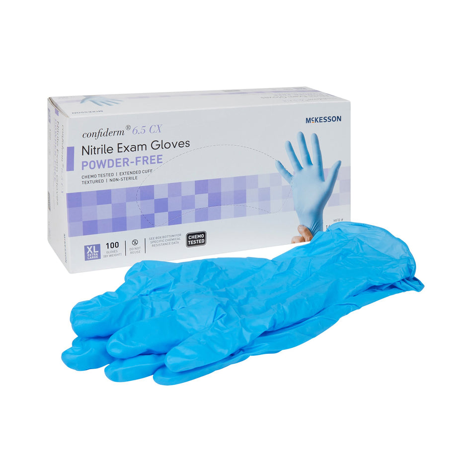 McKesson Confiderm 6.5CX Nitrile Extended Cuff Length Exam Glove, Extra Large, Blue-Exam Glove McKesson Confiderm 6.5CX X-Large NonSterile Nitrile Extended Cuff Length Textured Fingertips Blue Chemo Tested