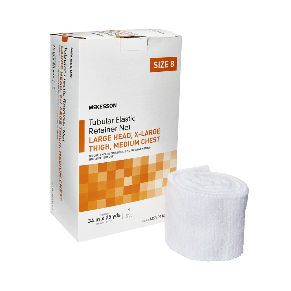 McKesson Tubular Bandage, Size 8, 25 Yard-Elastic Net Retainer Dressing McKesson Tubular Elastic 34 Inch X 25 Yard (86.4 cm X 22.9 m) Size 8 White Large Head / X-Large Thigh / Medium Chest NonSterile