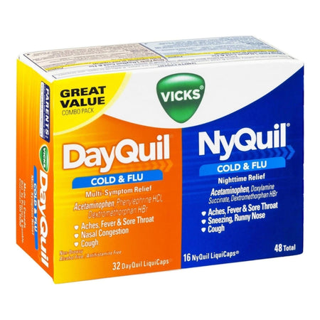 Vicks DayQuil/NyQuil Cold & Flu LiquiCaps-Cold and Cough Relief DayQuil Nyquil Combo Pack 325 mg - 10 mg - 5 mg Strength and 325 mg - 15 mg - 6.25 mg Strength Gelcap 48 per Box