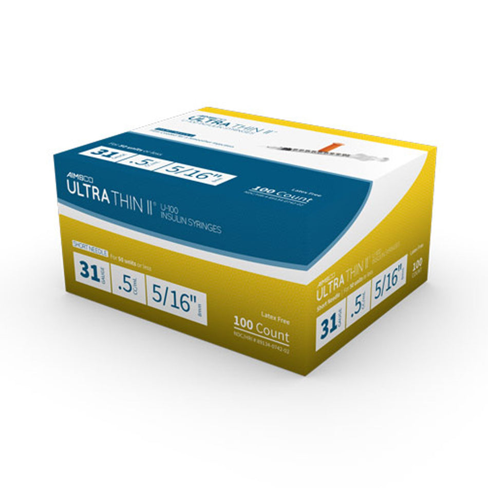 Ultra-Thin II Standard Insulin 0.5 mL Syringe with Needle, 31 Gauge, 5/16 Inch-Standard Insulin Syringe with Needle AIMSCO 0.5 mL 5/16 Inch 31 Gauge NonSafety Ultra Thin Wall