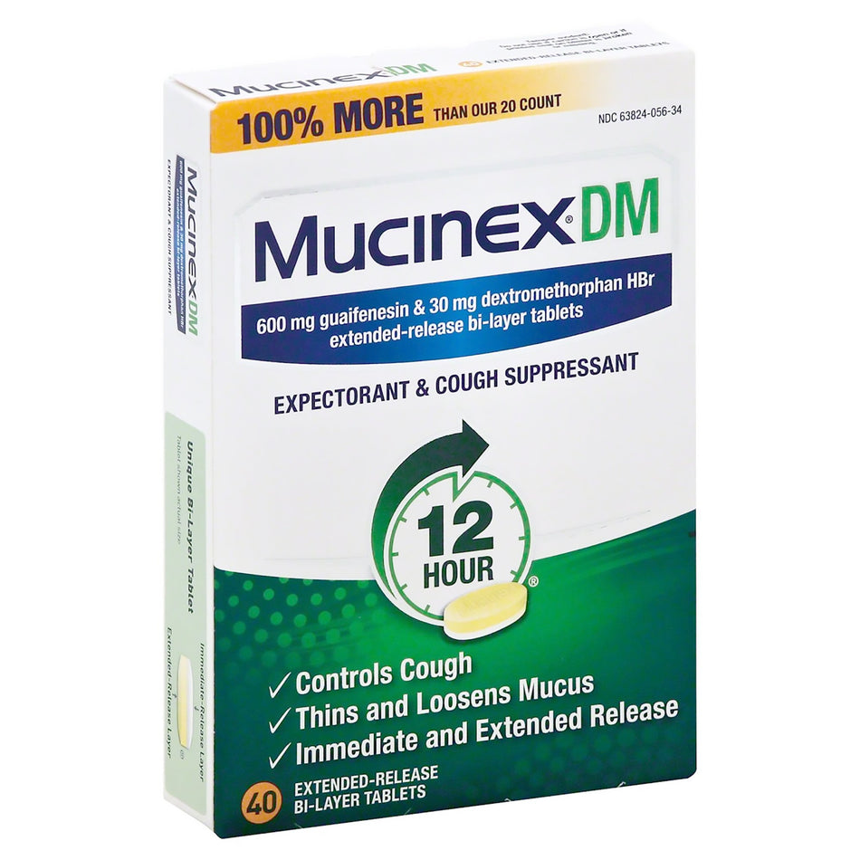 Mucinex DM Guaifenesin / Dextromethorphan Cold and Cough Relief-Cold and Cough Relief Mucinex DM 600 mg - 30 mg Strength Tablet 40 per Bottle