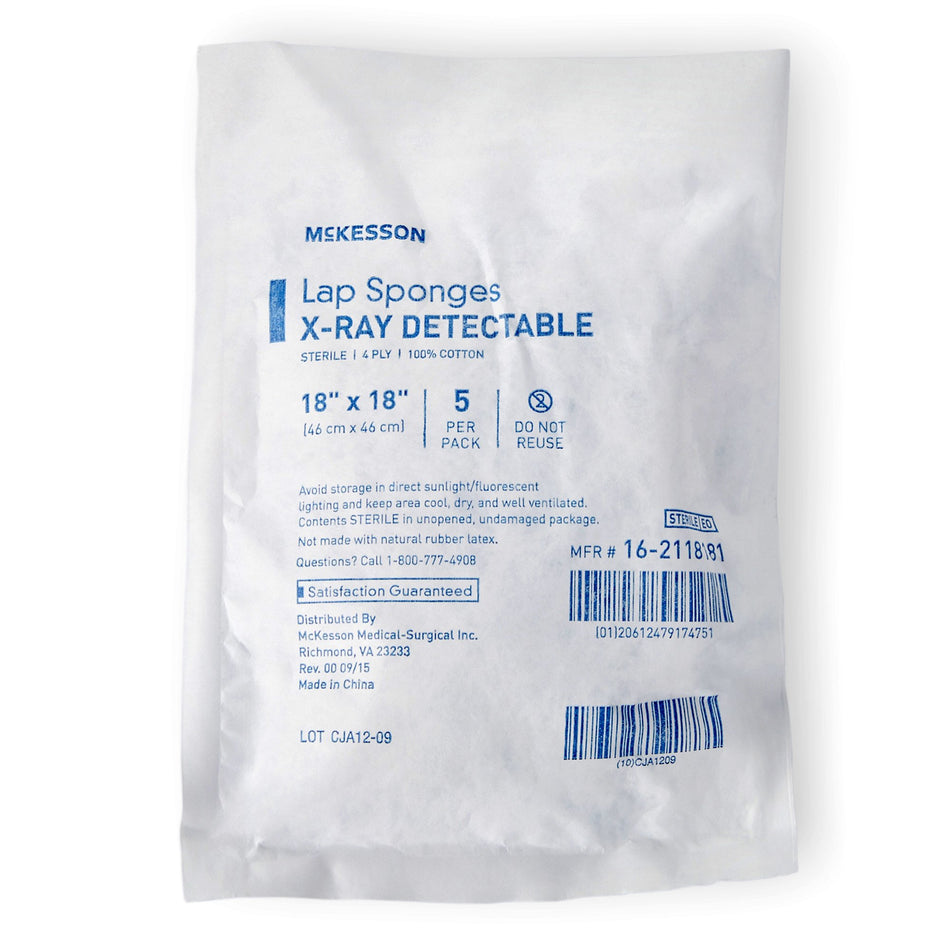 McKesson Laparotomy Sponge, 18 x 18 Inch-Surgical Laparotomy Sponge McKesson X-Ray Detectable Cotton 18 X 18 Inch 5 Count Soft Pack Sterile