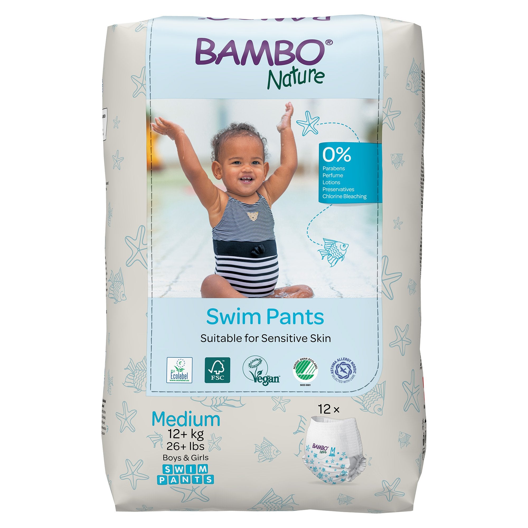 Bambo Nature Swim Pants, Medium-Unisex Baby Swim Diaper Bambo Nature Pull On with Tear Away Seams Medium Disposable Heavy Absorbency