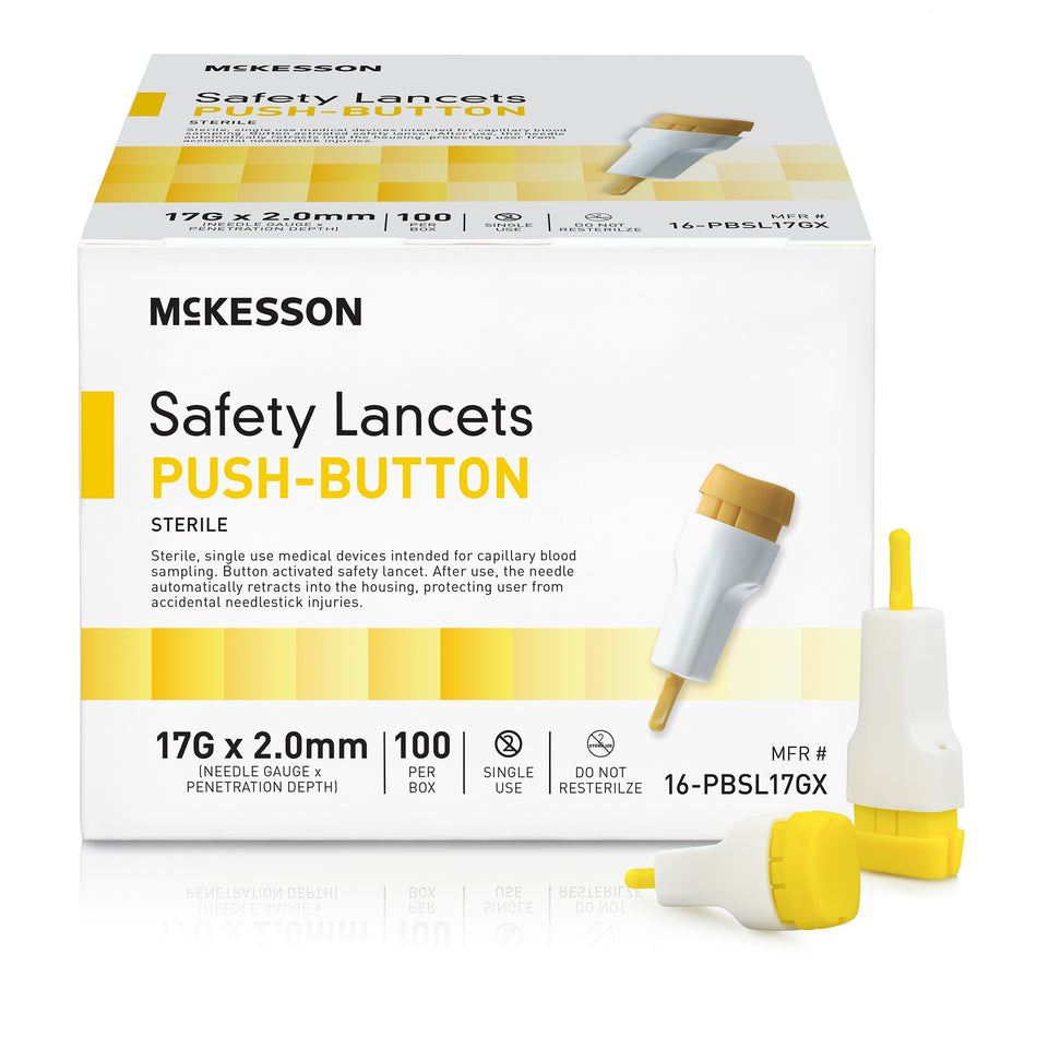 McKesson Push Button Safety Lancet, 17G x 2.0mm-Safety Lancet McKesson 1.5 mm Blade Retractable Push Button Activation Finger