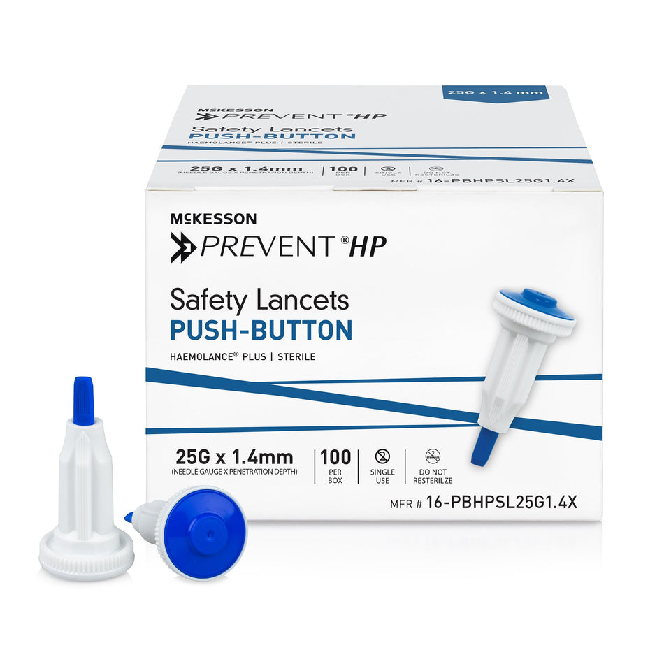 McKesson Prevent HP Push Button Safety Lancet, 25 Gauge, 1.4 mm-Safety Lancet McKesson Prevent HP 25 Gauge Retractable Push Button Activation Finger