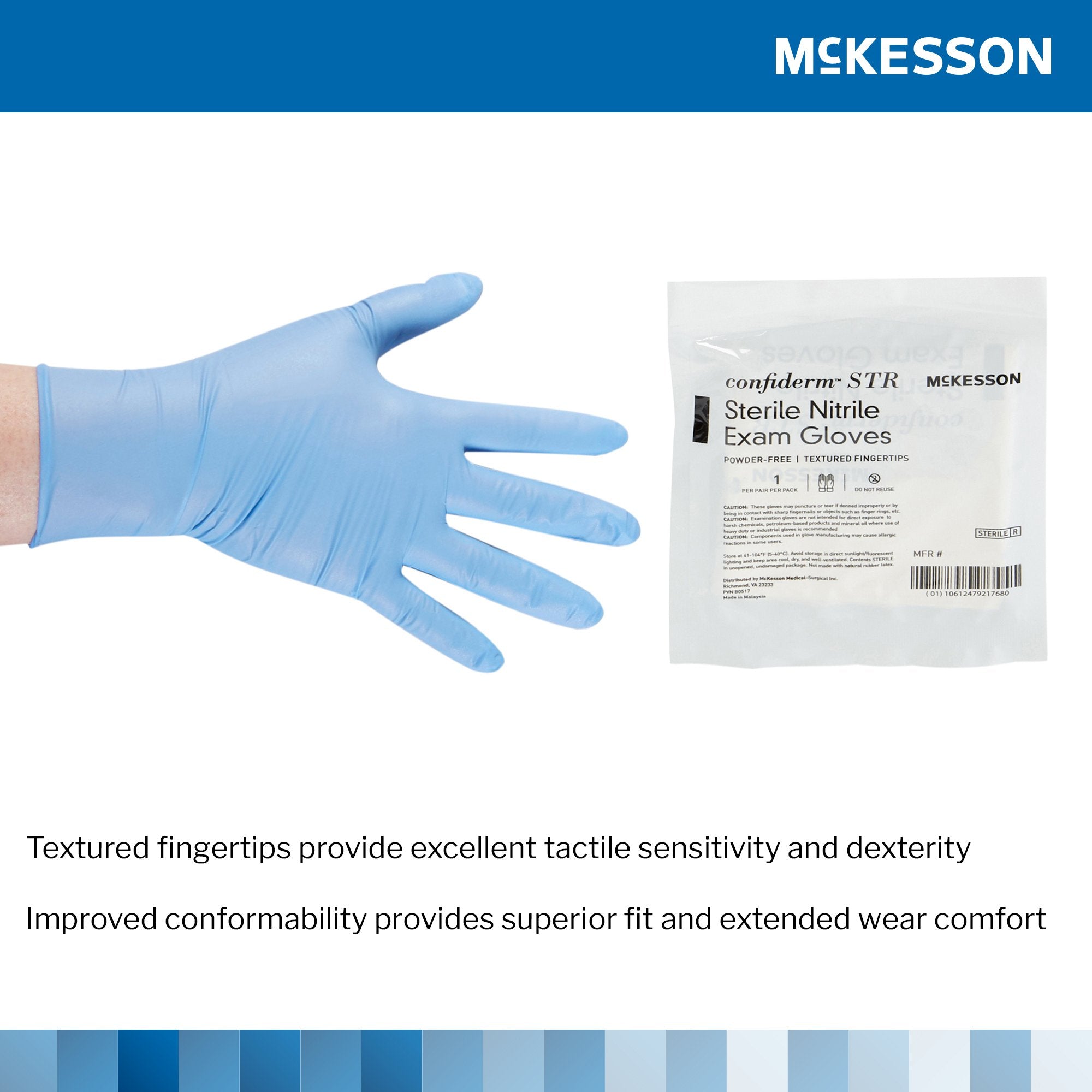 McKesson Confiderm STR Nitrile Exam Glove, Large, Blue-Exam Glove McKesson Confiderm STR Large Sterile Pair Nitrile Standard Cuff Length Textured Fingertips Blue Not Rated