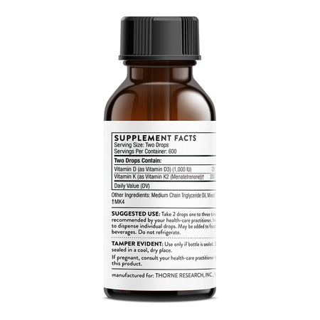 Thorne Vitamin D + K2 Dietary Supplement-"Vitamin Supplement THORNE Vitamin D + K2 Liquid Vitamin D3 / K2 (Menatetrenone 1,000 IU Strength Drops 1 oz."