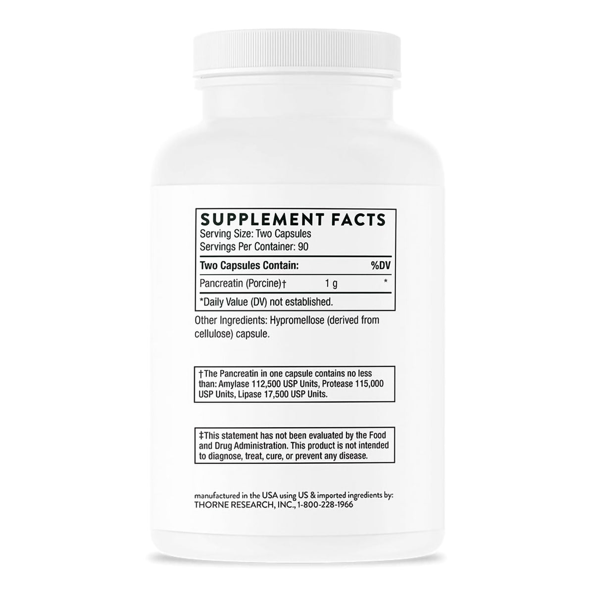 Thorne Pancreatic Enzymes Pancreatin for Digestion Support Dietary Supplement-Dietary Supplement THORNE Pancreatic Enzymes Pancreatin (Porcine) 1 Gram Strength Capsule 180 Per Bottle