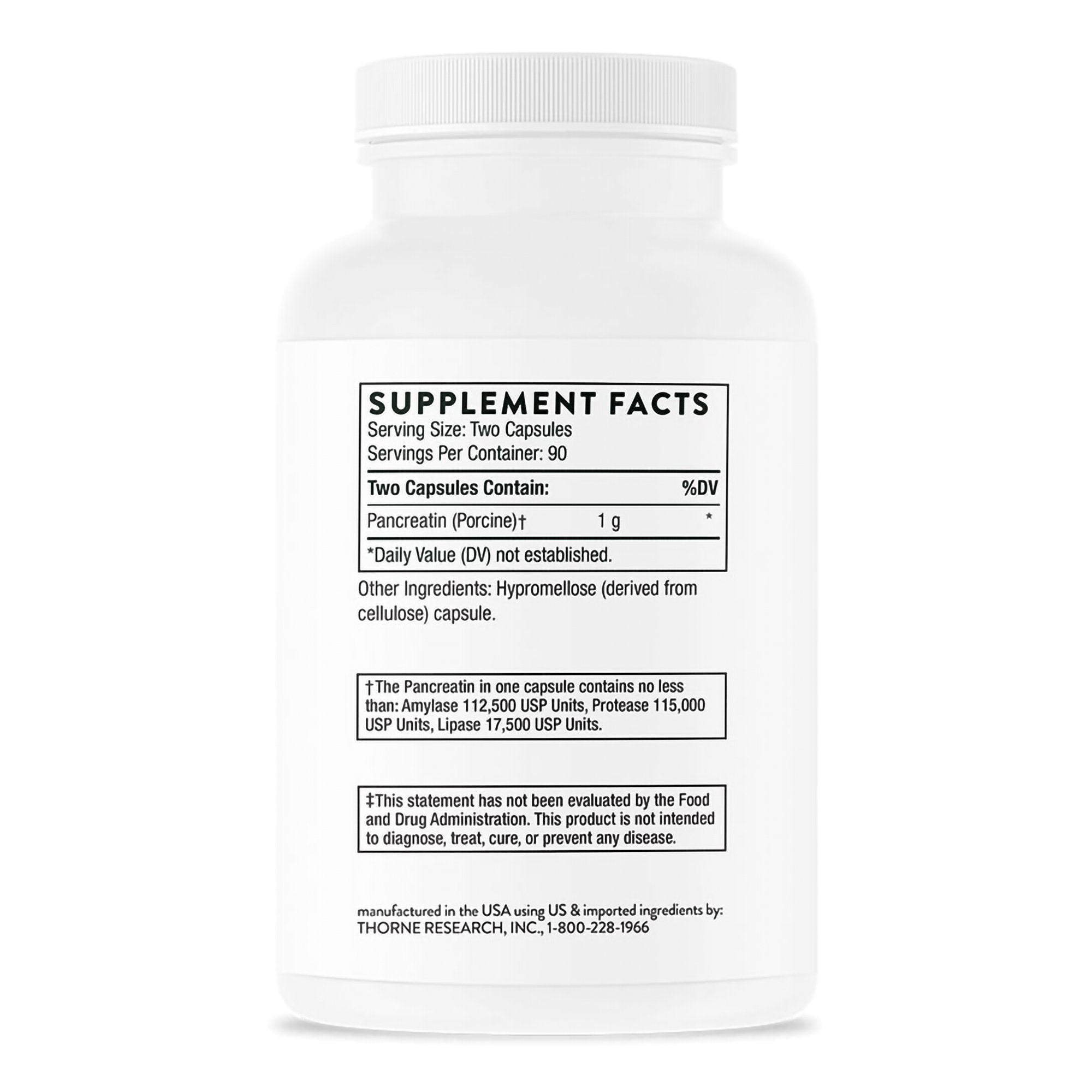 Thorne Pancreatic Enzymes Pancreatin for Digestion Support Dietary Supplement-Dietary Supplement THORNE Pancreatic Enzymes Pancreatin (Porcine) 1 Gram Strength Capsule 180 Per Bottle