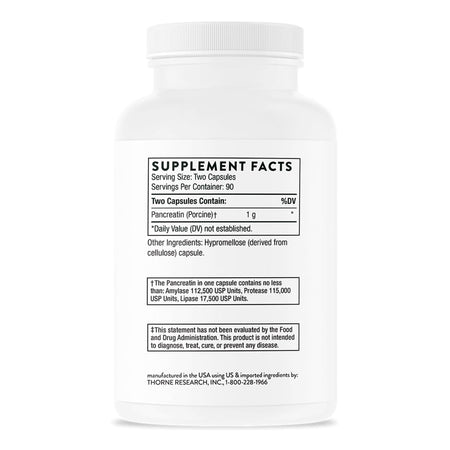 Thorne Pancreatic Enzymes Pancreatin for Digestion Support Dietary Supplement-Dietary Supplement THORNE Pancreatic Enzymes Pancreatin (Porcine) 1 Gram Strength Capsule 180 Per Bottle