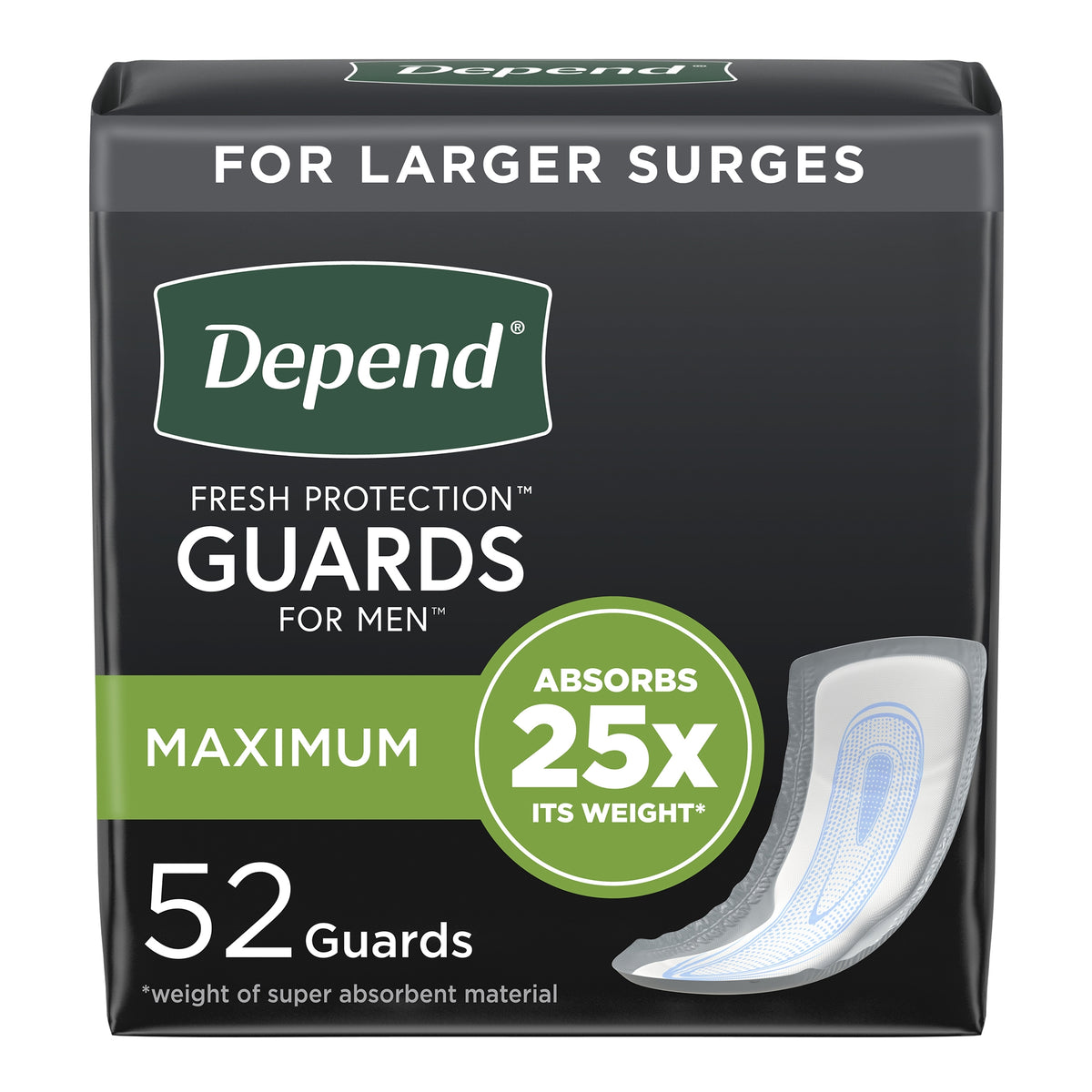 Depend Guards Incontinence Pads, Disposable, Maximum Absorbency, 12" Length-Bladder Control Pad Depend Fresh Protection Guards for Men 12 Inch Length Heavy Absorbency Sodium Polyacrylate Core One Size Fits Most