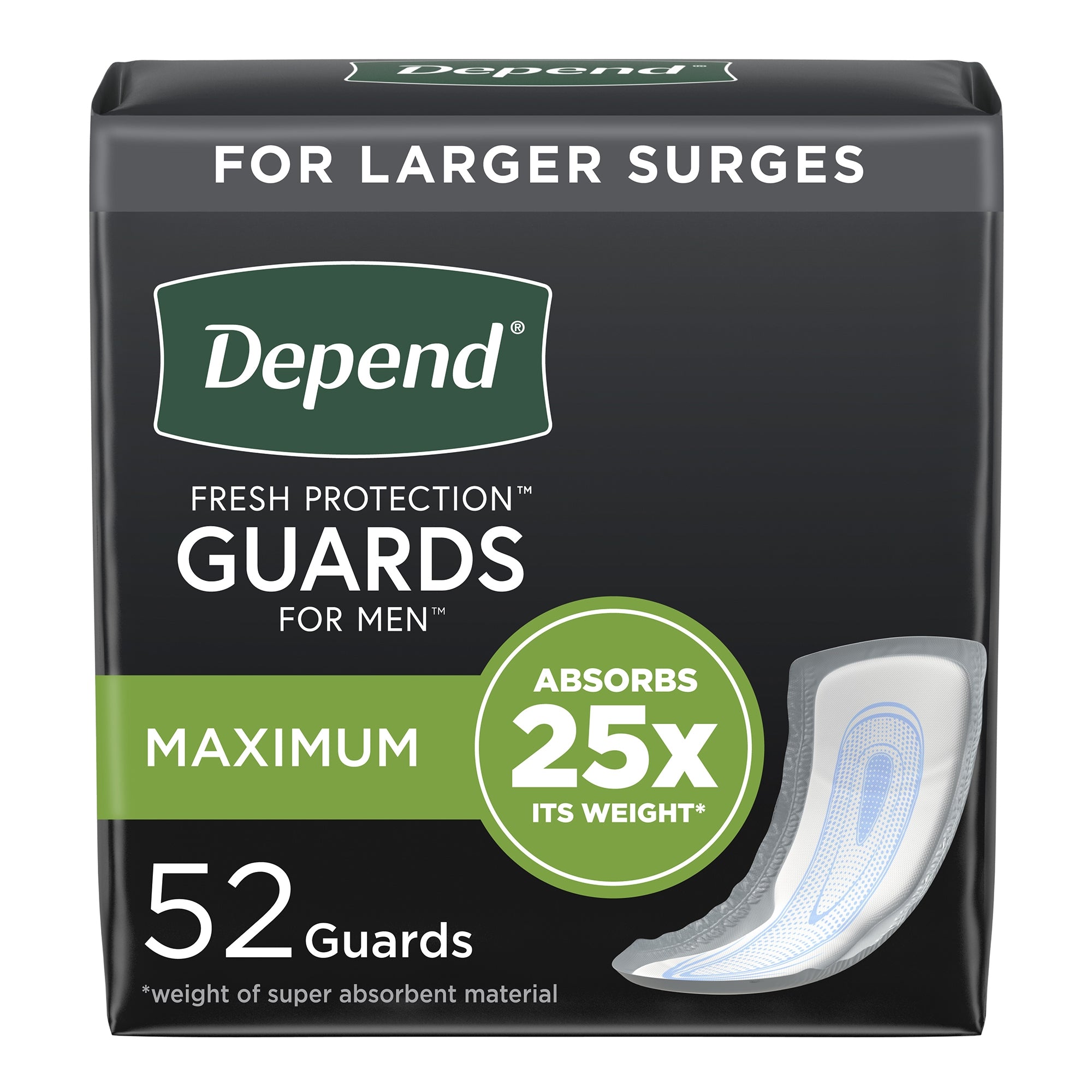 Depend Guards Incontinence Pads, Disposable, Maximum Absorbency, 12" Length-Bladder Control Pad Depend Fresh Protection Guards for Men 12 Inch Length Heavy Absorbency Sodium Polyacrylate Core One Size Fits Most